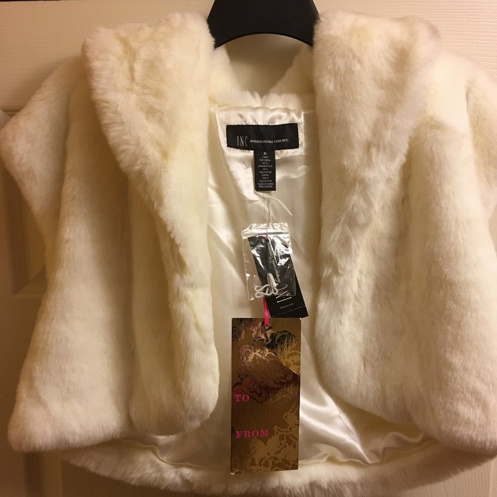 INC Women's Size M Faux White Fur Bolero
